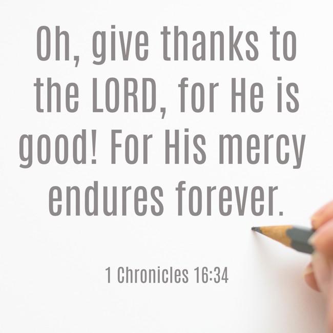 Oh, give thanks to the LORD, for He is good! For His mercy endures forever. - 1 Chronicles 16:34