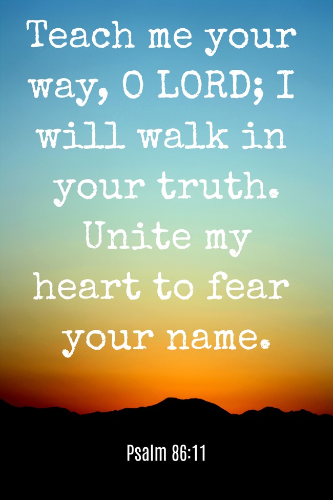 Teach me your way, O LORD; I will walk in your truth. Unite my heart to fear your name. - Psalm 86:11