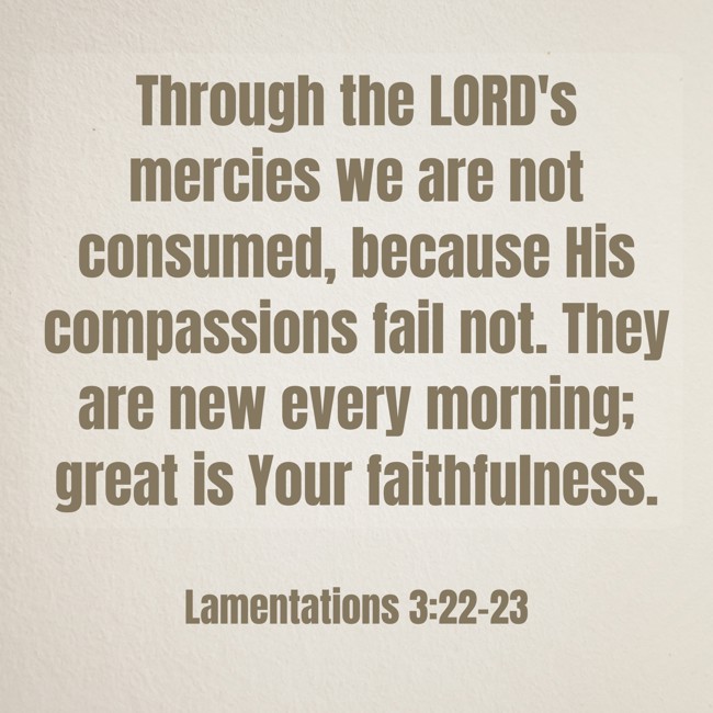 Through the LORD's mercies we are not consumed, because His compassions fail not. They are new every morning; great is Your faithfulness. - Lamentations 3:22-23