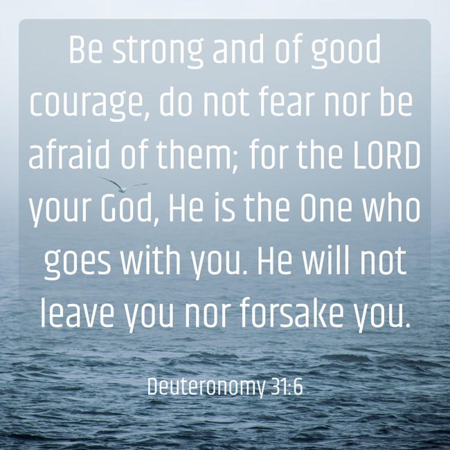 Be strong and of good courage, do not fear nor be afraid of them; for the LORD your God, He is the One who goes with you. He will not leave you nor forsake you. - Deuteronomy 31:6