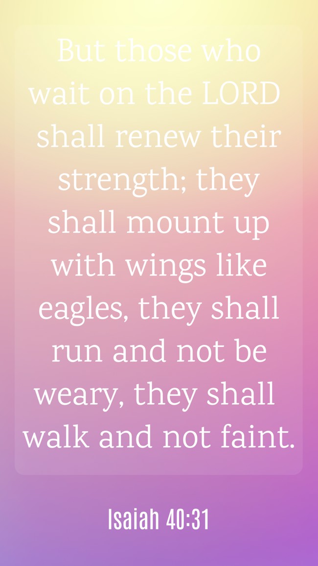But those who wait on the LORD shall renew their strength; they shall mount up with wings like eagles, they shall run and not be weary, they shall walk and not faint. - Isaiah 40:31