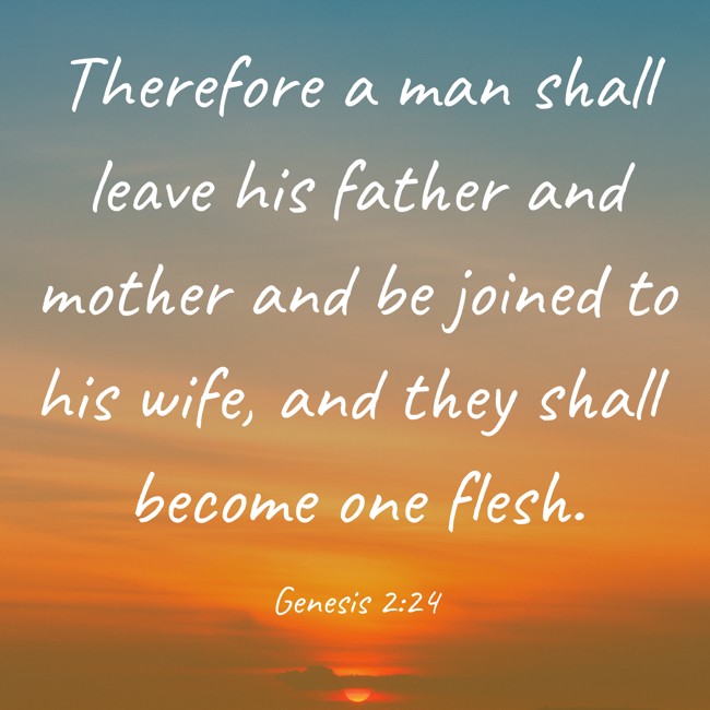  Therefore a man shall leave his father and mother and be joined to his wife, and they shall become one flesh.   - Genesis 2:24 