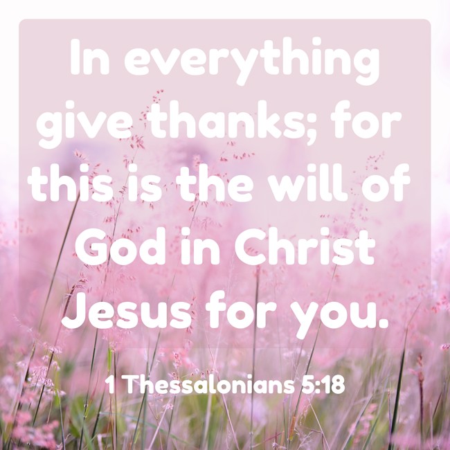 In everything give thanks; for this is the will of God in Christ Jesus for you. - 1 Thessalonians 5:18