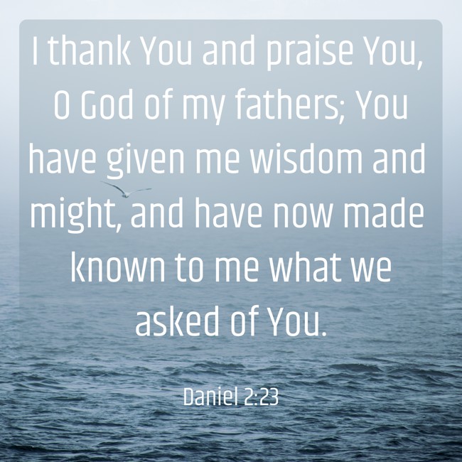I thank You and praise You, O God of my fathers; You have given me wisdom and might, and have now made known to me what we asked of You. - Daniel 2:23