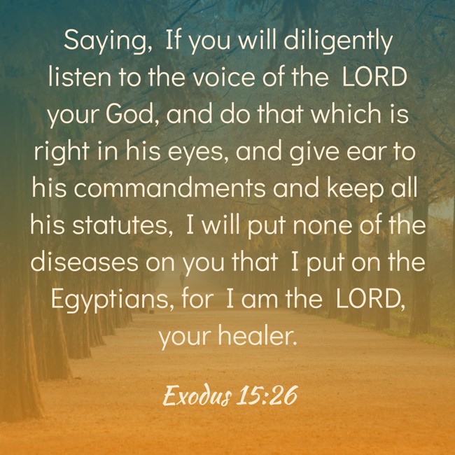 Saying, If you will diligently listen to the voice of the LORD your God, and do that which is right in his eyes, and give ear to his commandments and keep all his statutes, I will put none of the diseases on you that I put on the Egyptians, for I am the LORD, your healer. - Exodus 15:26