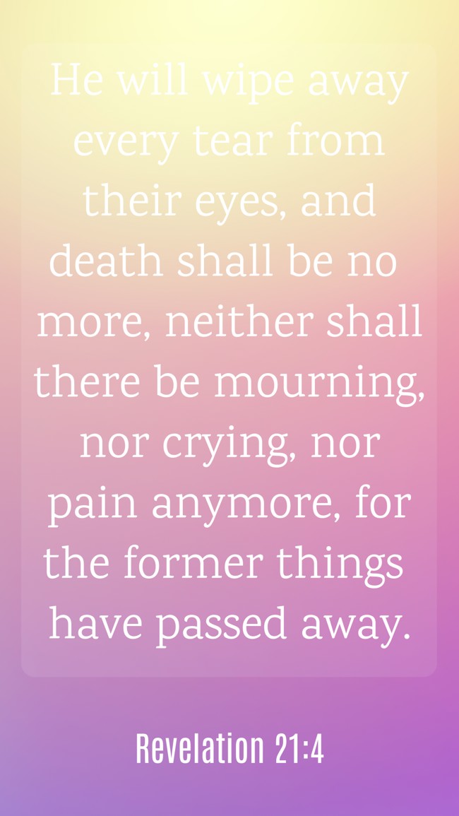 He will wipe away every tear from their eyes, and death shall be no more, neither shall there be mourning, nor crying, nor pain anymore, for the former things have passed away. - Revelation 21:4