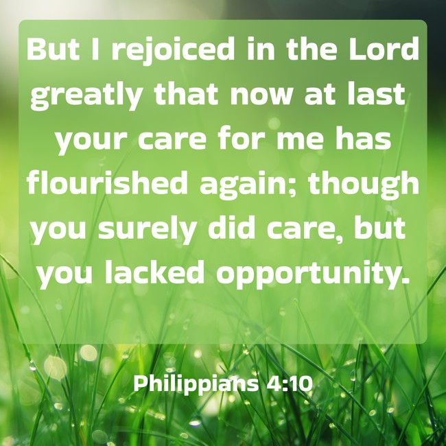 But I rejoiced in the Lord greatly that now at last your care for me has flourished again; though you surely did care, but you lacked opportunity. - Philippians 4:10
