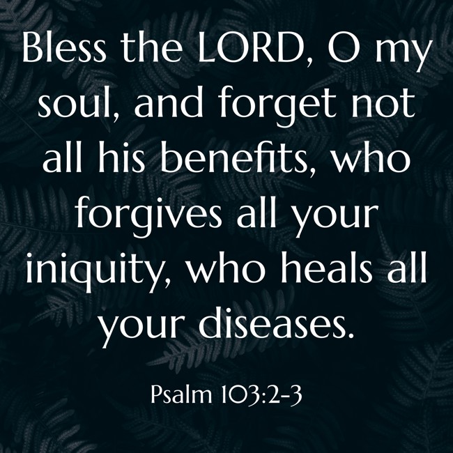 Bless the LORD, O my soul, and forget not all his benefits, who forgives all your iniquity, who heals all your diseases. - Psalm 103:2-3