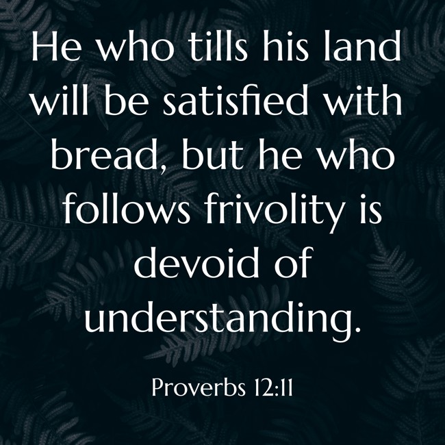 He who tills his land will be satisfied with bread, but he who follows frivolity is devoid of understanding. - Proverbs 12:11