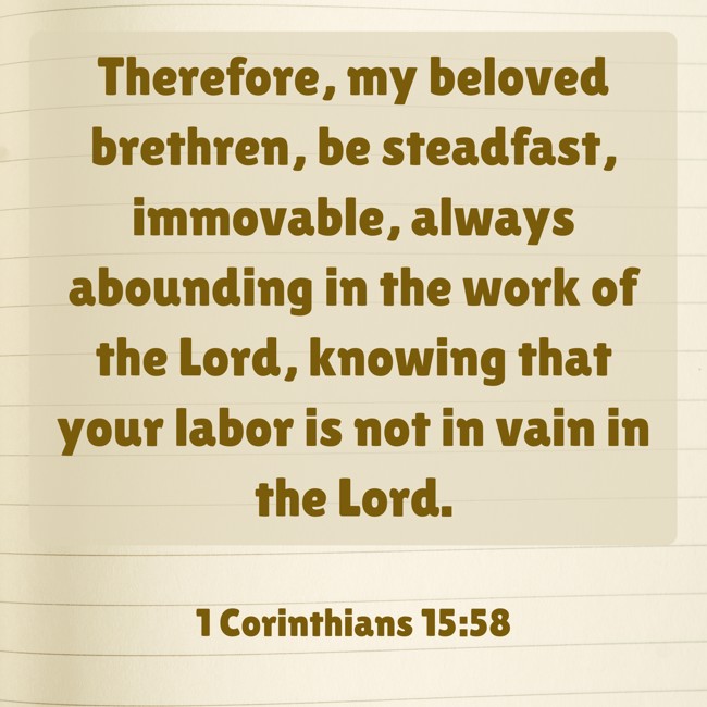 Therefore, my beloved brethren, be steadfast, immovable, always abounding in the work of the Lord, knowing that your labor is not in vain in the Lord. - 1 Corinthians 15:58