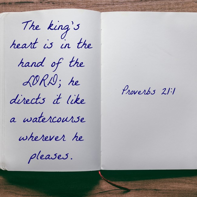 The king's heart is in the hand of the LORD; he directs it like a watercourse wherever he pleases. - Proverbs 21:1