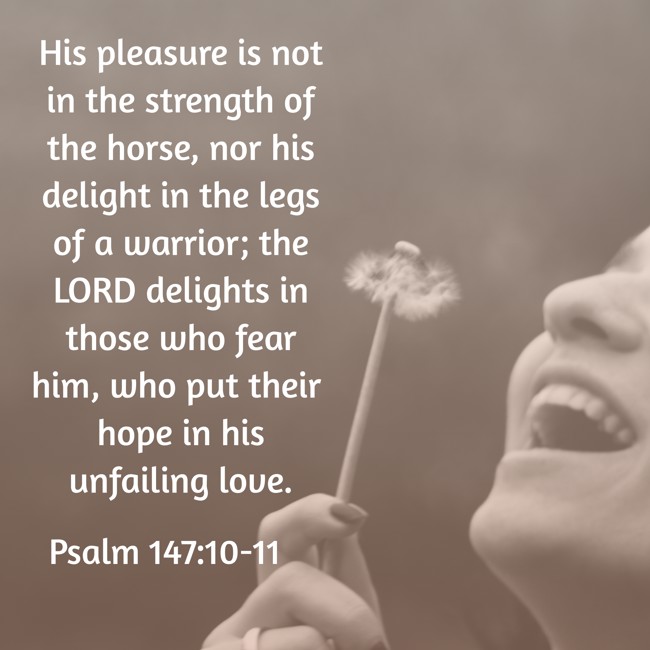 His pleasure is not in the strength of the horse, nor his delight in the legs of a warrior; the LORD delights in those who fear him, who put their hope in his unfailing love. - Psalm 147:10-11