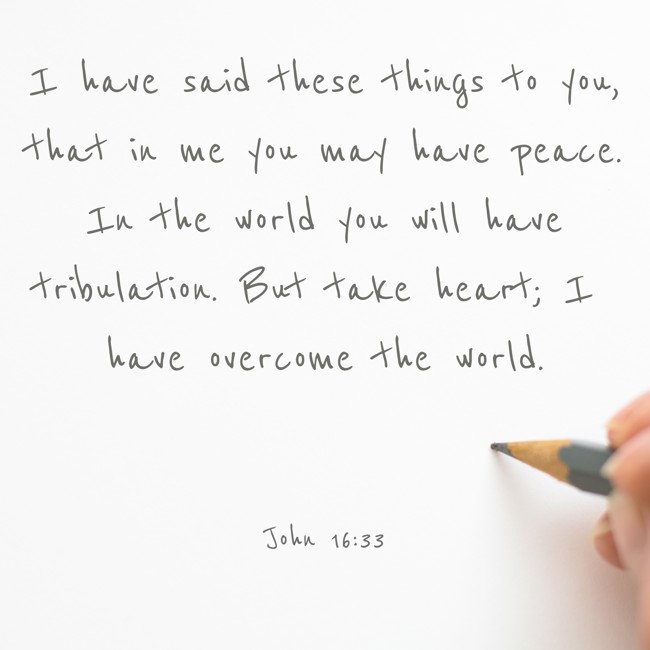 I have said these things to you, that in me you may have peace. In the world you will have tribulation. But take heart; I have overcome the world. - John 16:33