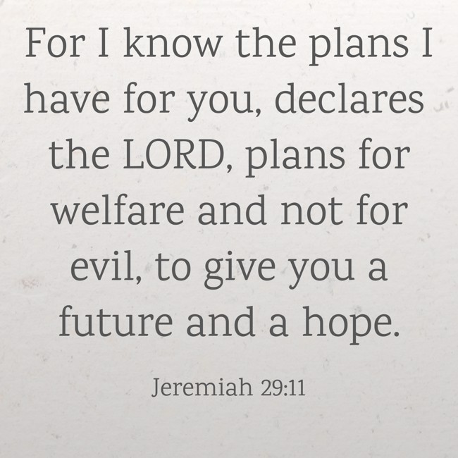 For I know the plans I have for you, declares the LORD, plans for welfare and not for evil, to give you a future and a hope. - Jeremiah 29:11