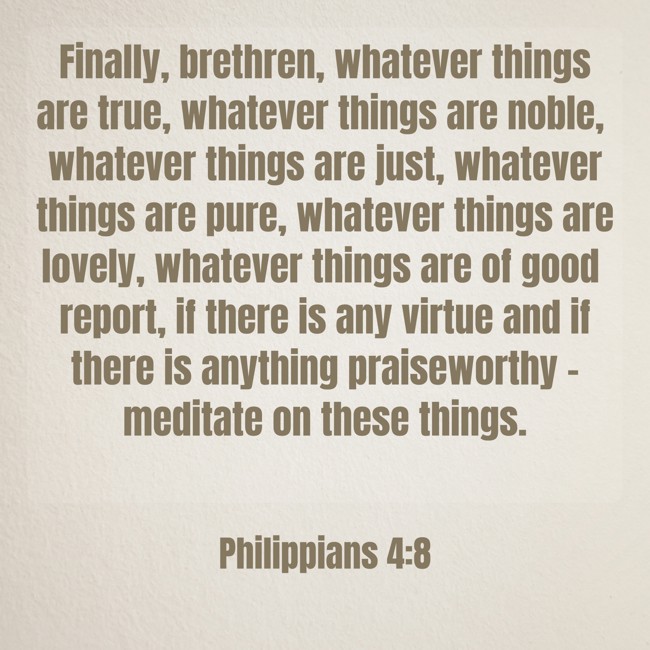 Finally, brethren, whatever things are true, whatever things are noble, whatever things are just, whatever things are pure, whatever things are lovely, whatever things are of good report, if there is any virtue and if there is anything praiseworthy - meditate on these things. - Philippians 4:8
