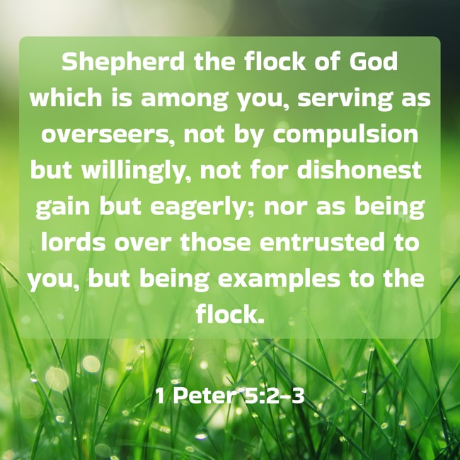 Shepherd the flock of God which is among you, serving as overseers, not by compulsion but willingly, not for dishonest gain but eagerly; nor as being lords over those entrusted to you, but being examples to the flock. - 1 Peter 5:2-3