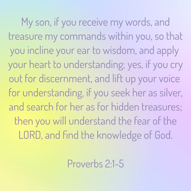 My son, if you receive my words, and treasure my commands within you, so that you incline your ear to wisdom, and apply your heart to understanding; yes, if you cry out for discernment, and lift up your voice for understanding, if you seek her as silver, and search for her as for hidden treasures; then you will understand the fear of the LORD, and find the knowledge of God. - Proverbs 2:1-5