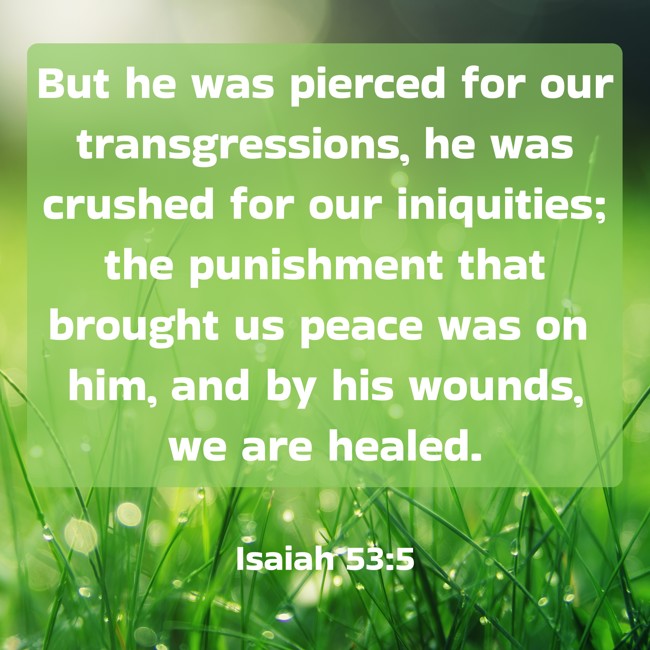  But he was pierced for our transgressions, he was crushed for our iniquities; the punishment that brought us peace was on him, and by his wounds, we are healed.   - Isaiah 53:5 