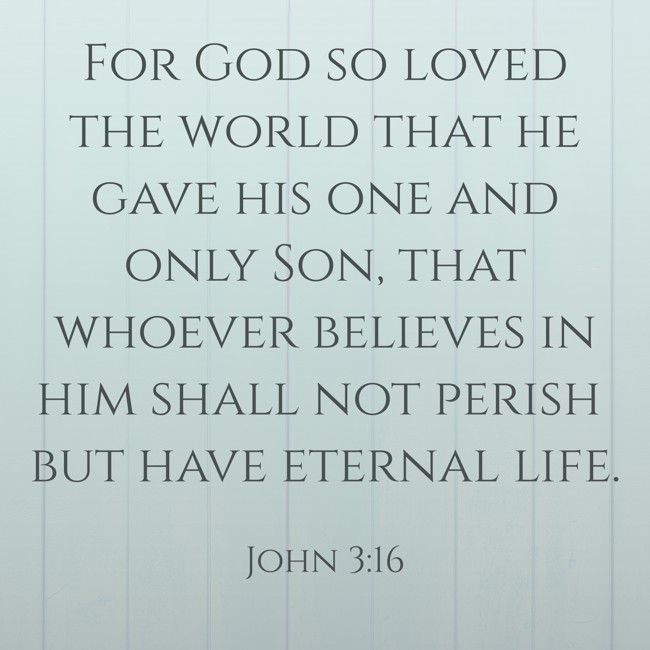  For God so loved the world that he gave his one and only Son, that whoever believes in him shall not perish but have eternal life.   - John 3:16 