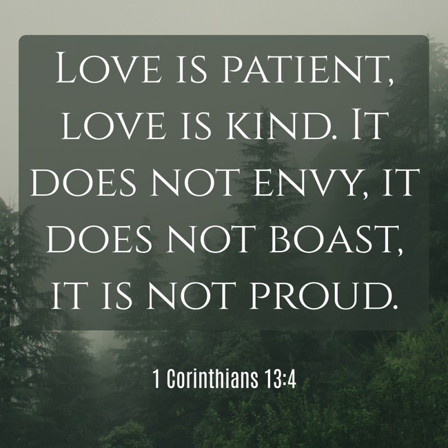 Love is patient, love is kind. It does not envy, it does not boast, it is not proud. - 1 Corinthians 13:4