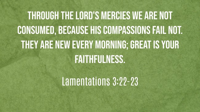 Through the Lord's mercies we are not consumed, because His compassions fail not. They are new every morning; great is Your faithfulness. - Lamentations 3:22-23