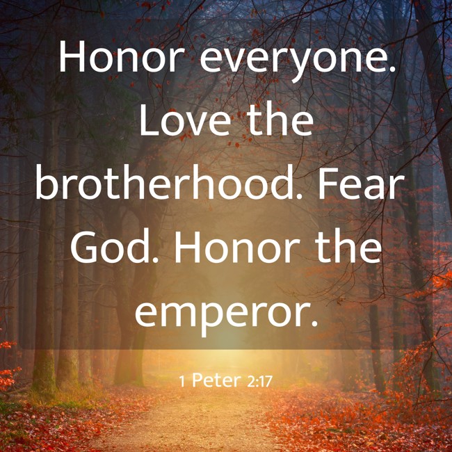 Honor everyone. Love the brotherhood. Fear God. Honor the emperor. - 1 Peter 2:17