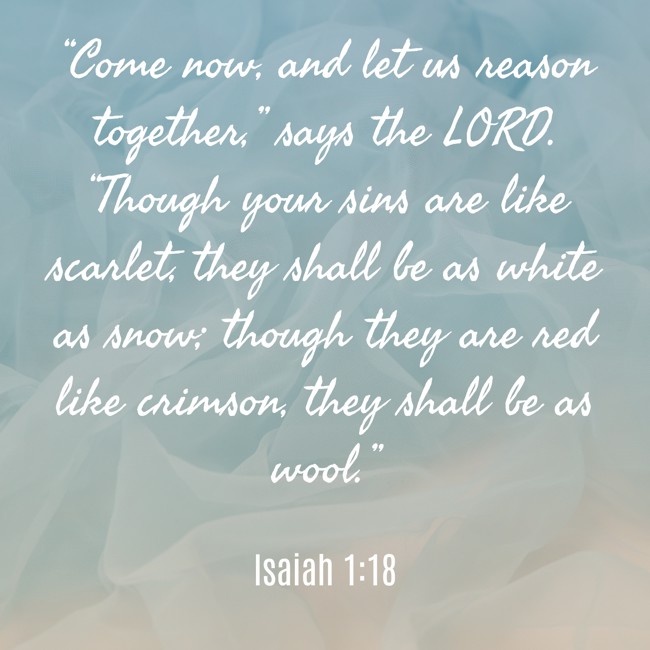 “Come now, and let us reason together,” says the LORD. “Though your sins are like scarlet, they shall be as white as snow; though they are red like crimson, they shall be as wool.”   - Isaiah 1:18 