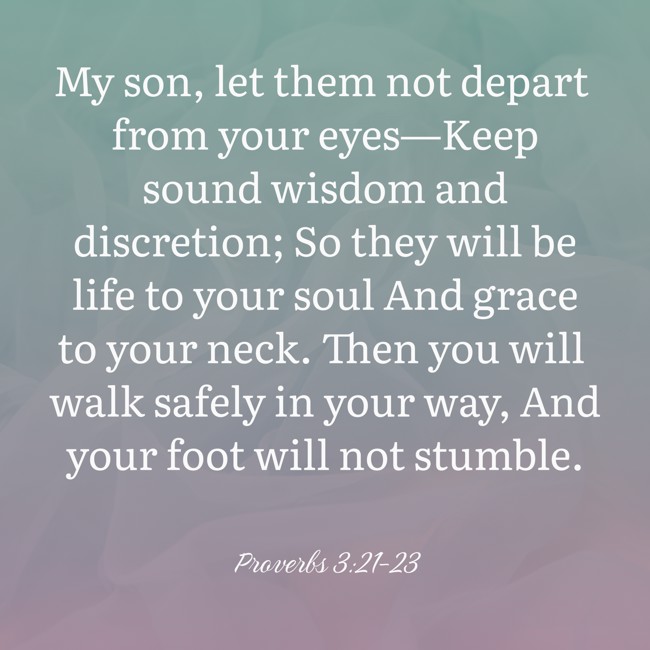 My son, let them not depart from your eyes—Keep sound wisdom and discretion; So they will be life to your soul And grace to your neck. Then you will walk safely in your way, And your foot will not stumble. - Proverbs 3:21-23
