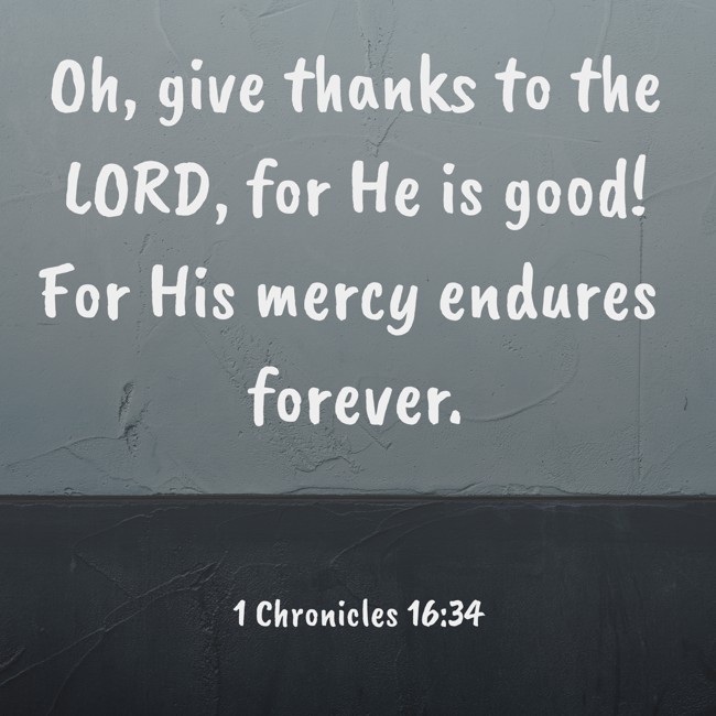 Oh, give thanks to the LORD, for He is good! For His mercy endures forever. - 1 Chronicles 16:34