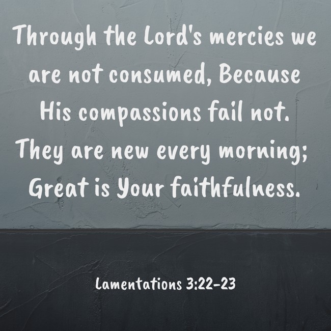 Through the Lord's mercies we are not consumed, Because His compassions fail not. They are new every morning; Great is Your faithfulness. - Lamentations 3:22-23