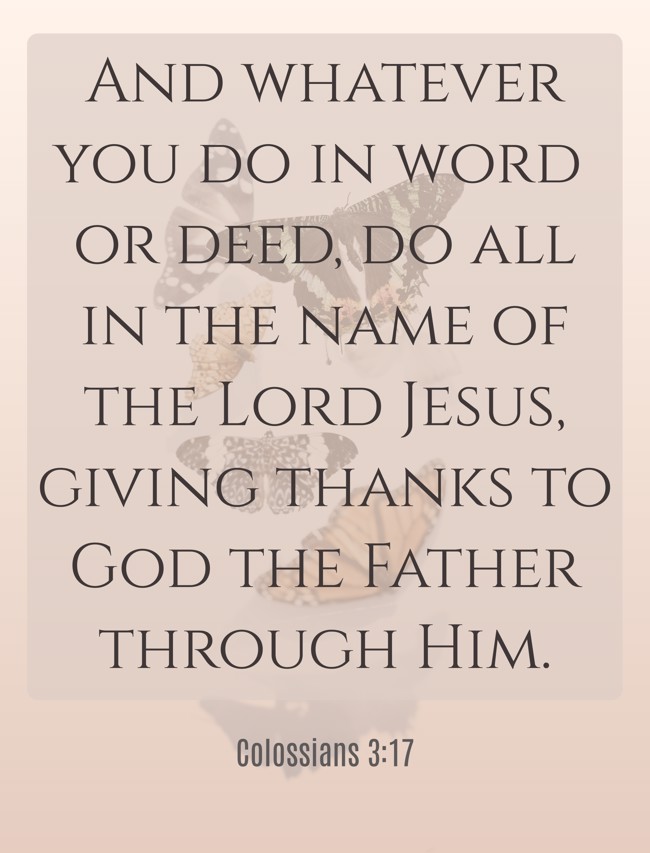 And whatever you do in word or deed, do all in the name of the Lord Jesus, giving thanks to God the Father through Him. - Colossians 3:17