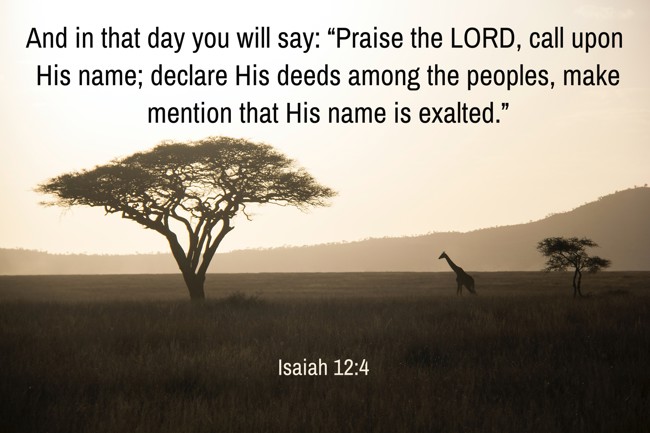And in that day you will say: “Praise the LORD, call upon His name; declare His deeds among the peoples, make mention that His name is exalted.” - Isaiah 12:4
