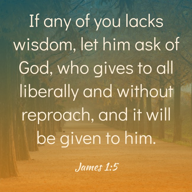 If any of you lacks wisdom, let him ask of God, who gives to all liberally and without reproach, and it will be given to him. - James 1:5