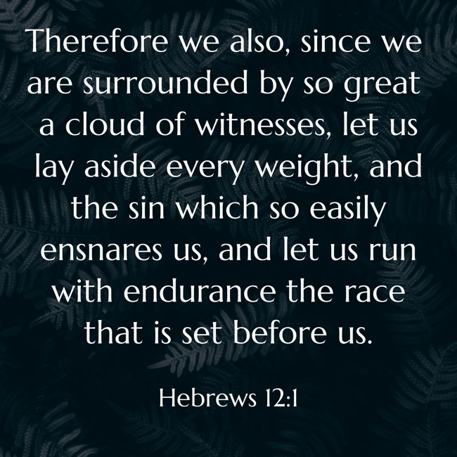 Therefore we also, since we are surrounded by so great a cloud of witnesses, let us lay aside every weight, and the sin which so easily ensnares us, and let us run with endurance the race that is set before us. - Hebrews 12:1