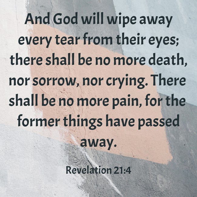  And God will wipe away every tear from their eyes; there shall be no more death, nor sorrow, nor crying. There shall be no more pain, for the former things have passed away.   - Revelation 21:4 