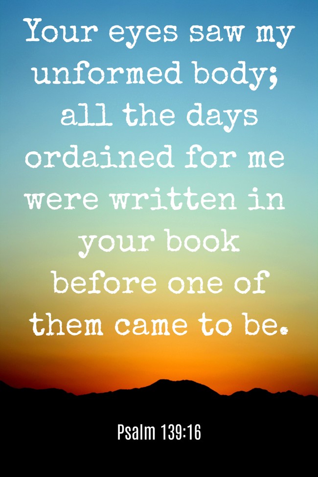 Your eyes saw my unformed body; all the days ordained for me were written in your book before one of them came to be. - Psalm 139:16