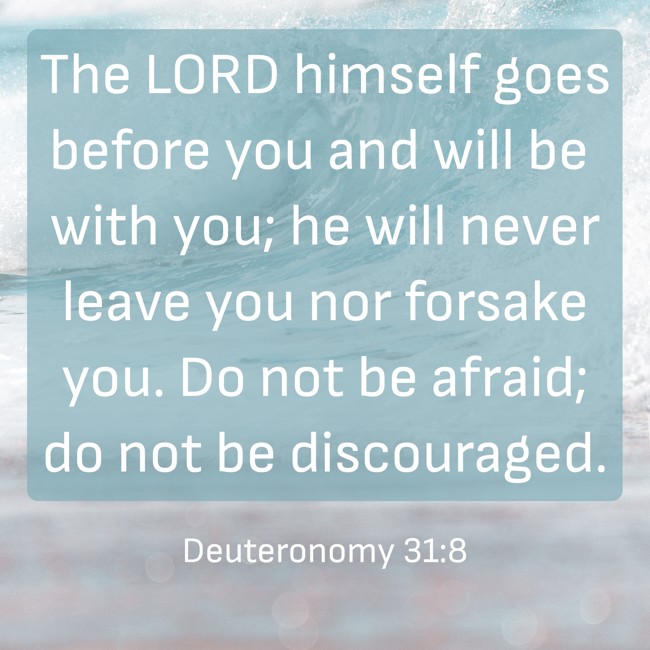 The LORD himself goes before you and will be with you; he will never leave you nor forsake you. Do not be afraid; do not be discouraged. - Deuteronomy 31:8