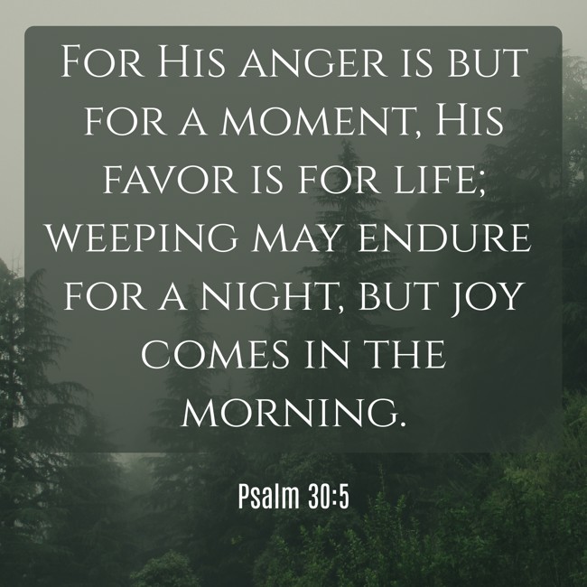 For His anger is but for a moment, His favor is for life; weeping may endure for a night, but joy comes in the morning. - Psalm 30:5