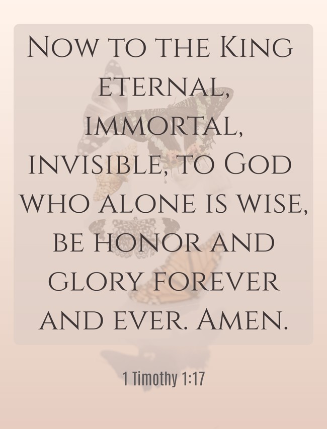 Now to the King eternal, immortal, invisible, to God who alone is wise, be honor and glory forever and ever. Amen. - 1 Timothy 1:17