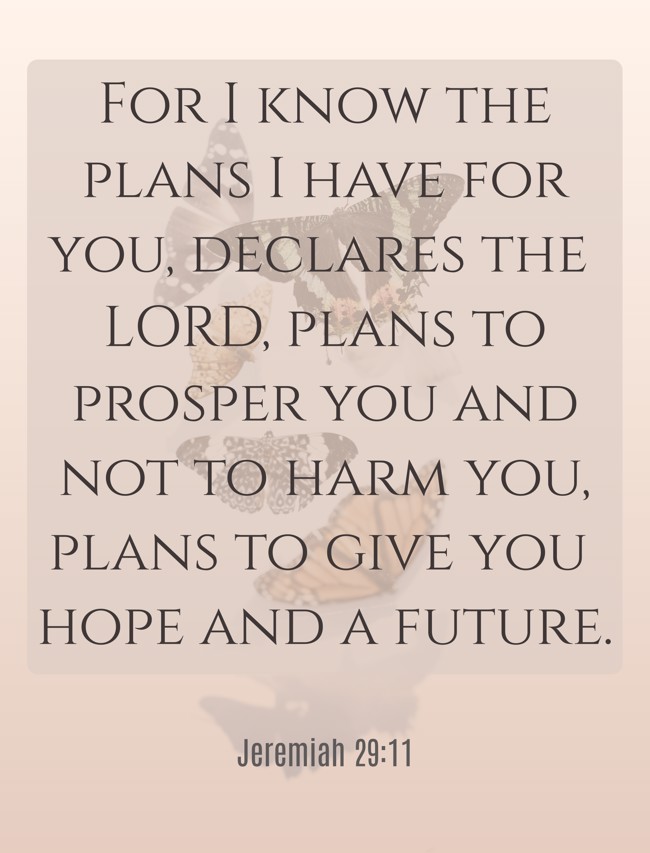 For I know the plans I have for you, declares the LORD, plans to prosper you and not to harm you, plans to give you hope and a future. - Jeremiah 29:11