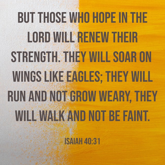 But those who hope in the LORD will renew their strength. They will soar on wings like eagles; they will run and not grow weary, they will walk and not be faint. - Isaiah 40:31