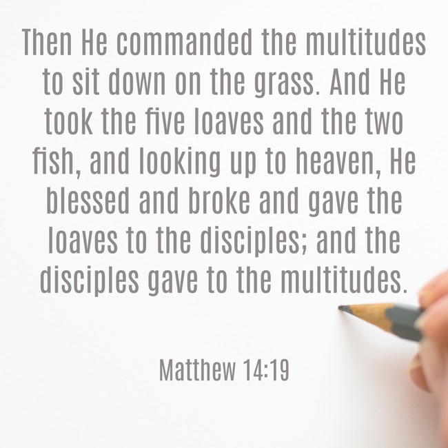 Then He commanded the multitudes to sit down on the grass. And He took the five loaves and the two fish, and looking up to heaven, He blessed and broke and gave the loaves to the disciples; and the disciples gave to the multitudes. - Matthew 14:19