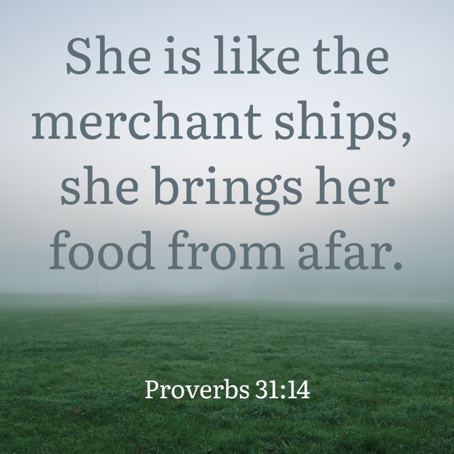 She is like the merchant ships, she brings her food from afar. - Proverbs 31:14
