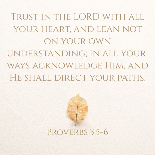 Trust in the LORD with all your heart, and lean not on your own understanding; in all your ways acknowledge Him, and He shall direct your paths. - Proverbs 3:5-6