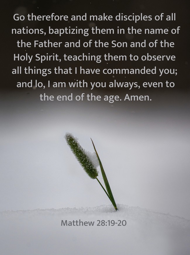 Go therefore and make disciples of all nations, baptizing them in the name of the Father and of the Son and of the Holy Spirit, teaching them to observe all things that I have commanded you; and lo, I am with you always, even to the end of the age. Amen. - Matthew 28:19-20