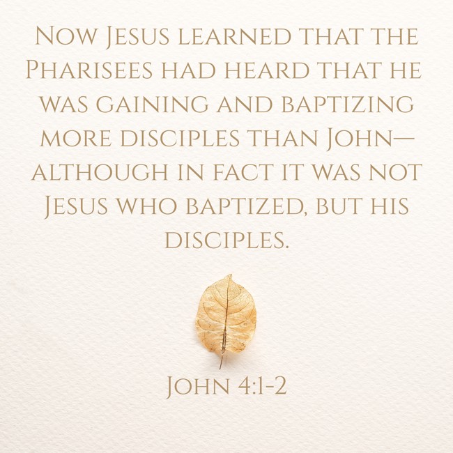 Now Jesus learned that the Pharisees had heard that he was gaining and baptizing more disciples than John—although in fact it was not Jesus who baptized, but his disciples. - John 4:1-2