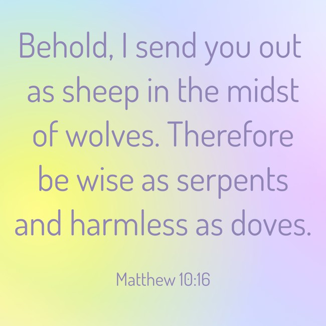 Behold, I send you out as sheep in the midst of wolves. Therefore be wise as serpents and harmless as doves. - Matthew 10:16