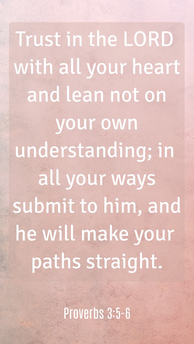 Trust in the LORD with all your heart and lean not on your own understanding; in all your ways submit to him, and he will make your paths straight. - Proverbs 3:5-6