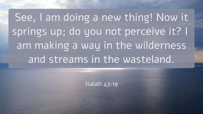 See, I am doing a new thing! Now it springs up; do you not perceive it? I am making a way in the wilderness and streams in the wasteland. - Isaiah 43:19