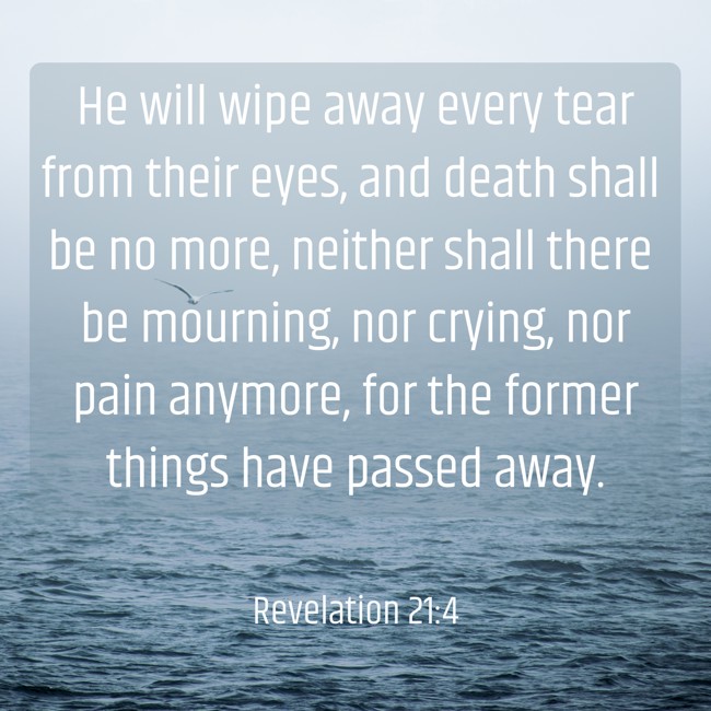 He will wipe away every tear from their eyes, and death shall be no more, neither shall there be mourning, nor crying, nor pain anymore, for the former things have passed away. - Revelation 21:4